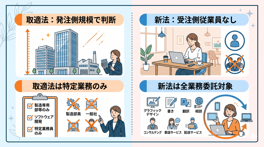 「取適法（旧下請法）」と「フリーランス新法」の適用範囲の違い