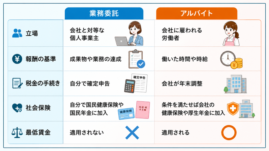 業務委託とアルバイトの違いを4項目で比較